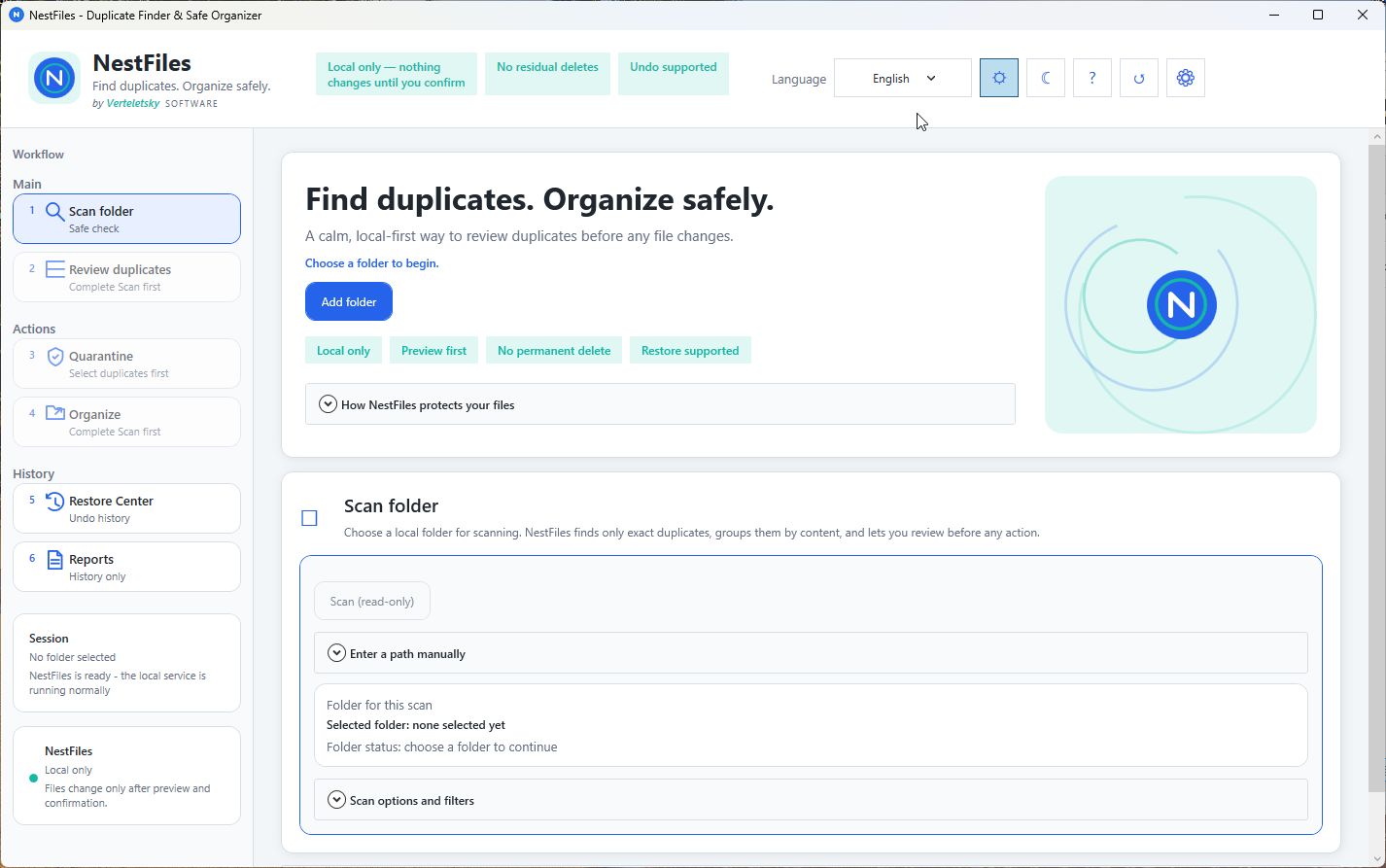 Панель сканирования NestFiles
